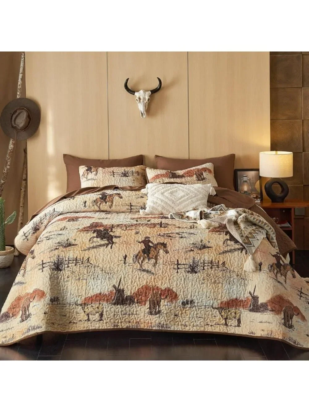 Rustic Western Quilt Set - Reversible Lightweight Bedspread, Vintage Cowboy